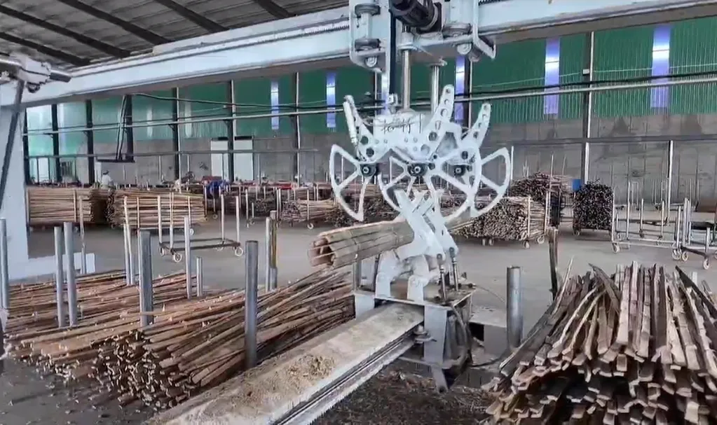 Bamboo culms being fed through a radial splitting machine on the factory floor