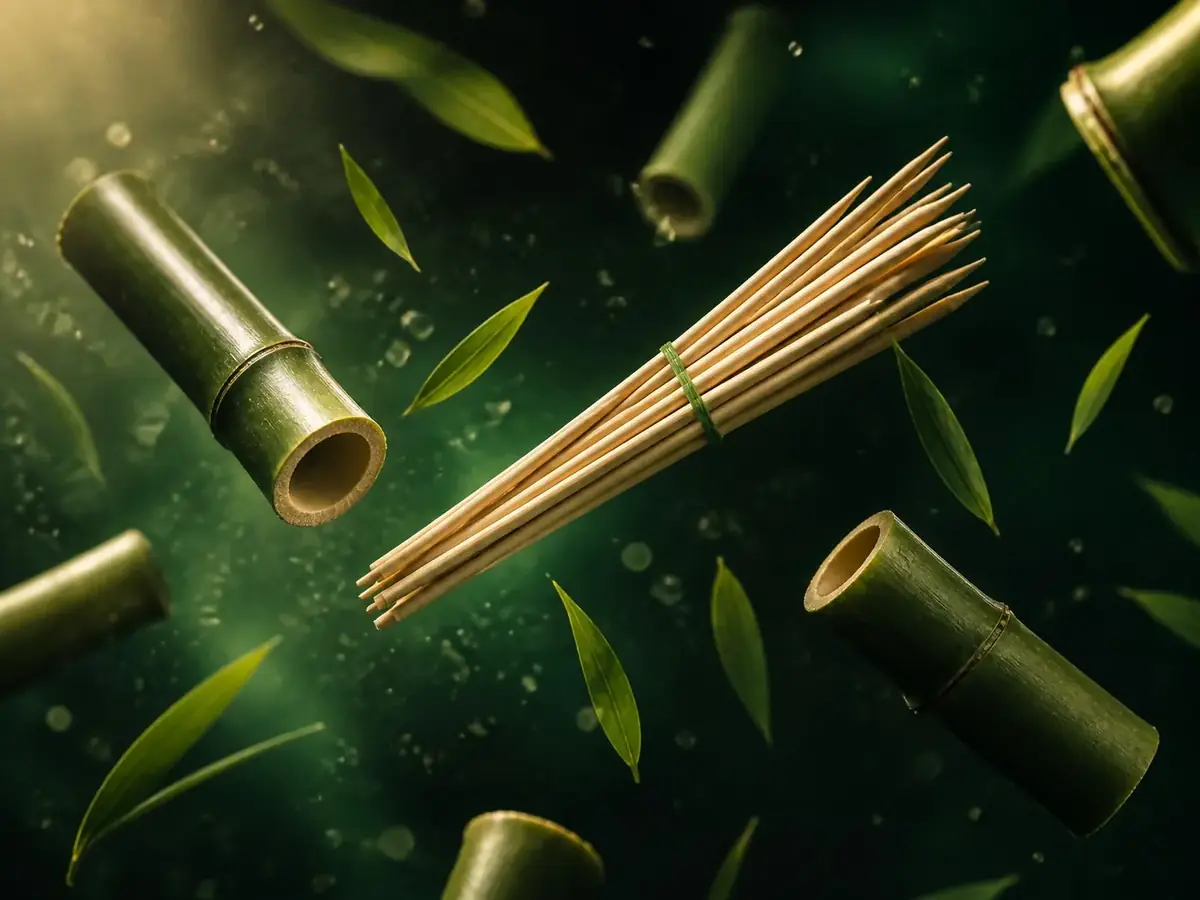 Bamboo skewers and freshly cut bamboo culm segments suspended in mid-air against a deep green background