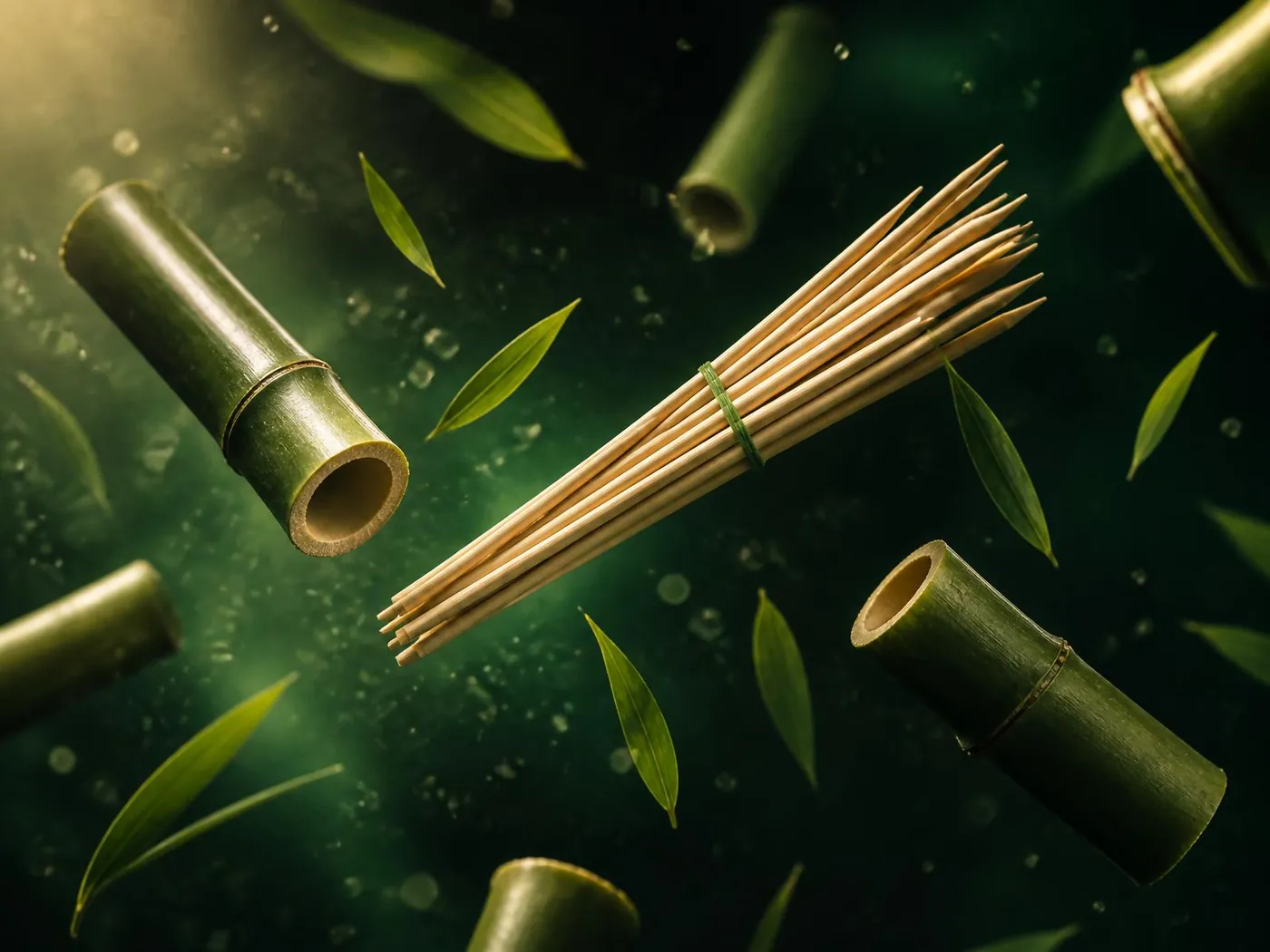 Bamboo skewers and freshly cut bamboo culm segments suspended in mid-air against a deep green background